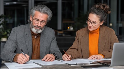 Middle aged business professionals reviewing documents together portrait image. Mature man and woman analyzing paperwork at desk photography human. Contract sign concept photo-realistic