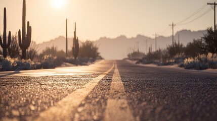 A sun-drenched desert highway stretches towards hazy mountains at dawn, flanked by saguaro cacti and sparse desert flora.  The road's yellow lines sharply contrast the warm asphalt