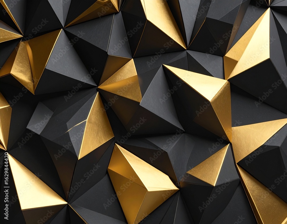 Poster black and gold paper folded into a luxurious abstract origami pattern, creating a three-dimensional 