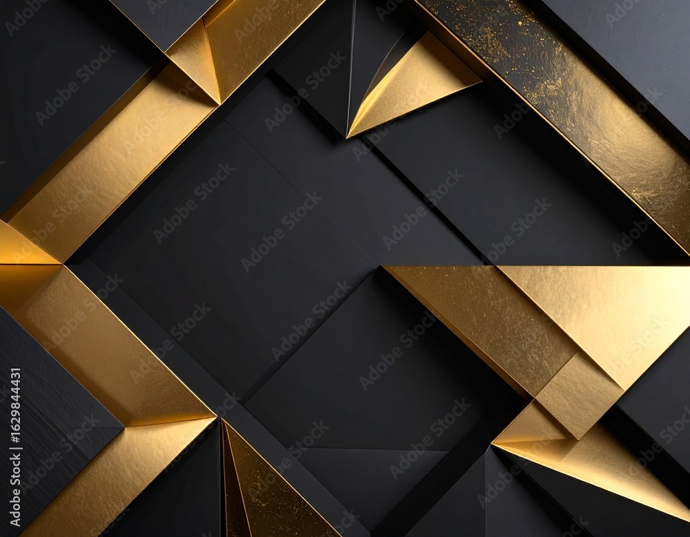 Poster black and gold paper folded into a luxurious abstract origami pattern, creating a three-dimensional 