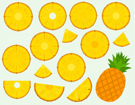 Pineapple set. Tropical fruits. Ripe fruit pieces, halved slices, whole, round and triangle fragments. Collection of organic vitamins and healthy nutrition.pineapple, slice, vitamin,Generative Ai
