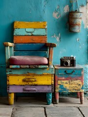 a chair with a camera on top of it in front of a b