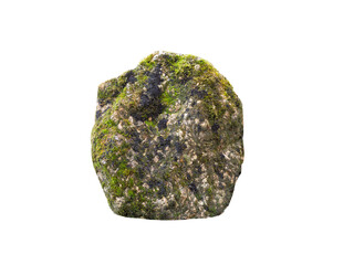 stone overgrown with moss in winter is isolated on a white background