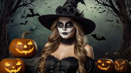 A witch with skeletal face paint and black outfit stands among pumpkins and bats