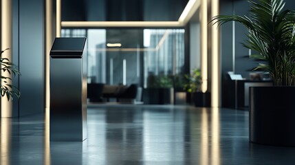 Fototapeta premium A modern office space with plants on a desk and a blurred background featuring city lights indoors