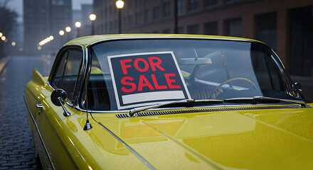 Classic Yellow Car with a "For Sale" Sign