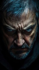 Intense Portrait of a Male Figure with Striking Facial Expression