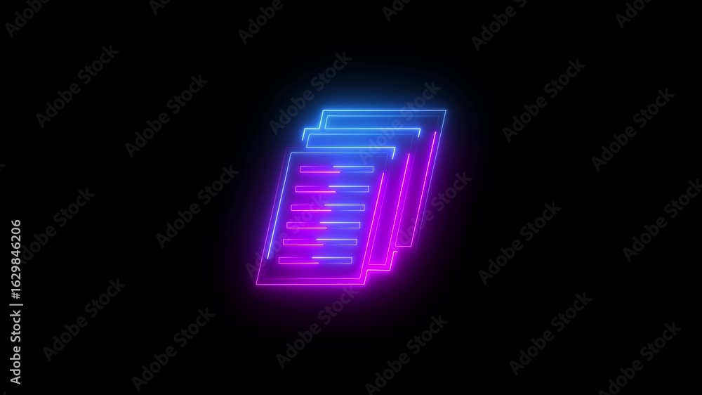 Poster glowing neon file documents uploading icon animation. neon file document sign isolated on black back
