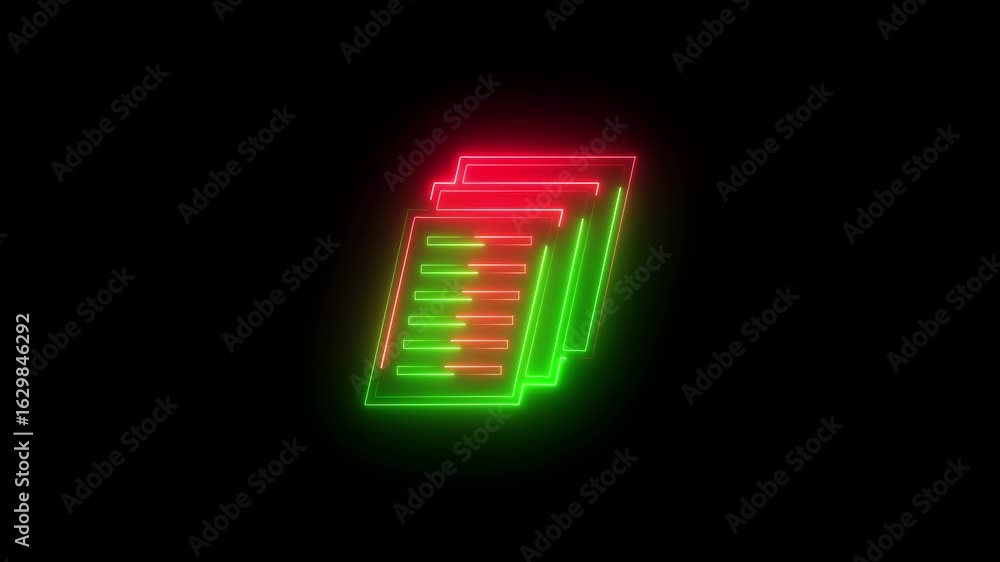 Poster glowing neon file documents uploading icon animation. neon file document sign isolated on black back