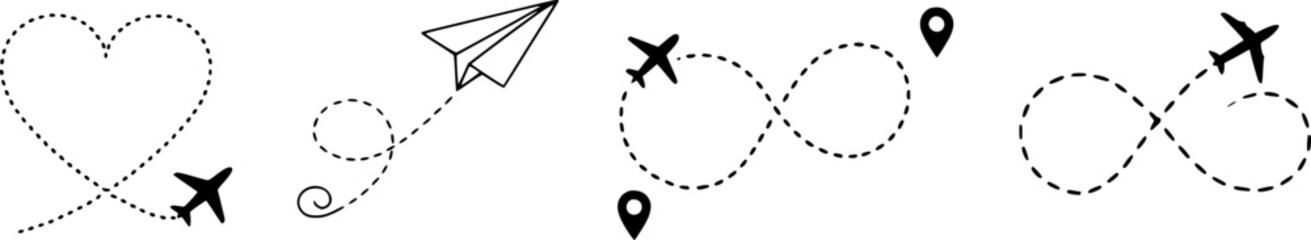 Airplane path vector icons set including heart shaped flight path, paper plane trail, infinity flight route, and map location lines, minimalist travel and transport concept perfect for logo, design, a