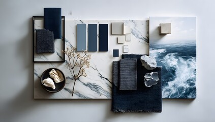 Elegant moodboard displaying a serene blue and white color palette with natural textures and elements for interior design inspiration