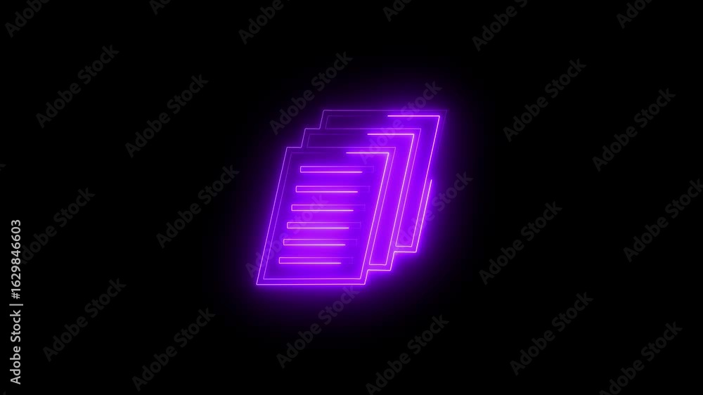 Poster glowing neon file documents uploading icon animation. neon file document sign isolated on black back