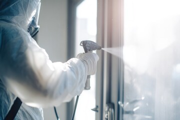 Professional disinfection process by person in protective gear holding spray equipment.