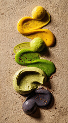 Abstract Gourmet Sauce Strokes — Artful Swirls of Yellow, Green, and Black Sauces on Textured Beige Surface, Top View with Natural Imperfections and Spice for Editorial Culinary Content