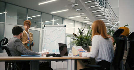 Businesswoman holds presentation while team sits at table