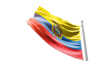 Ecuador national flag waving on white background with cutout path. A flag with mast on isolated...