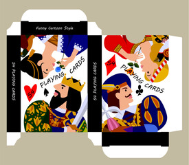 Playing card box template with card multicolored character portraits in funny cartoon style on white background. Vector illustration