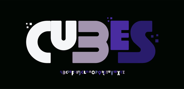 Blocky modular alphabet, bold geometric font, abstract digital typeface for cube puzzle game logo, cyber gaming sign headline, architectural typographic design, modern tech typography. Vector typeset.