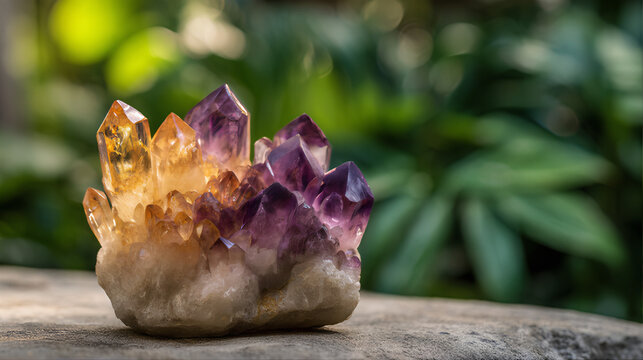 Amethyst crystals/stone isolated on a background, amethyst and citrine crystal cluster on anatural stone, glowing with purple and golden colour under natural