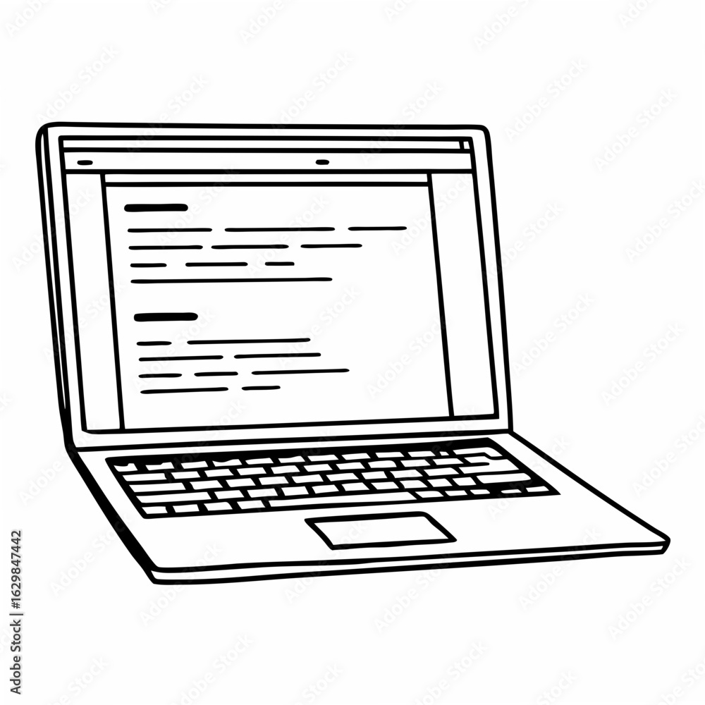 Poster black and white sketch of an open laptop displaying text on a white background computer technology