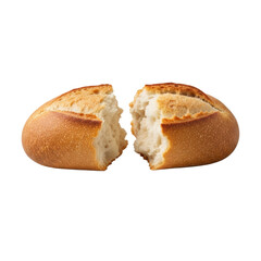 A single stale baguette, distinctly broken in middle, two pieces slightly separated on a pristine transparent background, soft studio lighting, emphasizing dry texture and exposed crumb. High-end