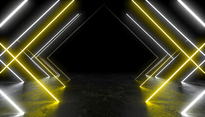 Laser and luminous neon light sticks. Neon led light tubes. Fluorescent white and yellow glowing light in room.Generative Ai