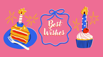 Candle on a Cupcake, cake. Best wishes. Tasty desserts. Hand drawn modern Vector illustration. Isolated design elements. Birthday celebration, party, anniversary concept. Sticker, logo, print template