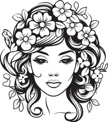 Feminine Face and Blossoming Accents Vector Black Logo Design Woman’s Face with Artistic Botanical Crown Black Vector Art