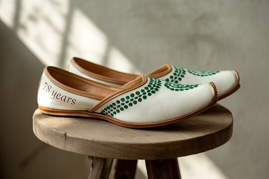 Elegant white jutti shoes with intricate green embroidery and '78 years' inscription, perfect for cultural celebrations and fashion statements.