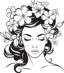 Black Vector Icon of Woman Face with Floral Art Woman Face Floral Design Vector Black Logo Icon