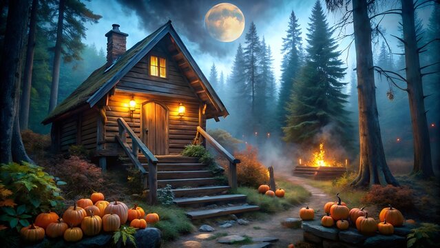 Cozy log cabin in a spooky forest at night, decorated with pumpkins and a bonfire, under a full moon on halloween
