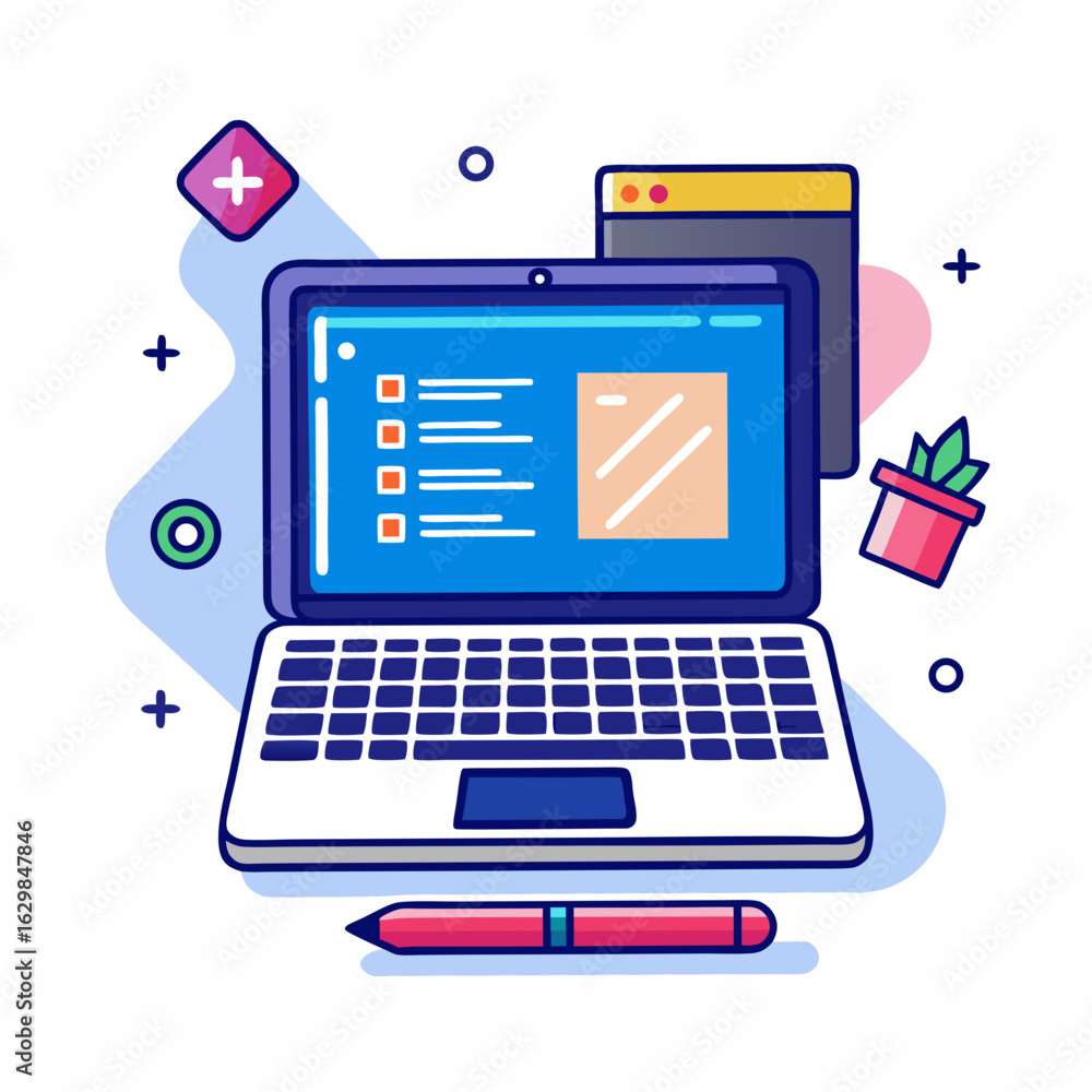 Poster cartoon laptop with open software and writing tools on white background computer technology