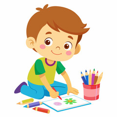 Cartoon boy drawing a flower with crayons on paper with a cup of pencils child