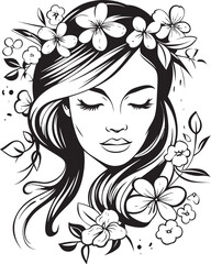 Woman Face Vector Black Logo with Floral Ornament Floral Decor Woman Face Vector Black Icon Design