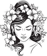 Floral Decor Woman Face Vector Black Icon Design Woman Face with Stylized Flower Decor Vector Logo