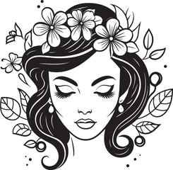 Woman Face with Stylized Flower Decor Vector Logo Black Vector Logo of Woman Face with Floral Styling