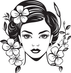 Black Vector Logo of Woman Face with Floral Styling Woman Face with Flower Accent Vector Black Icon