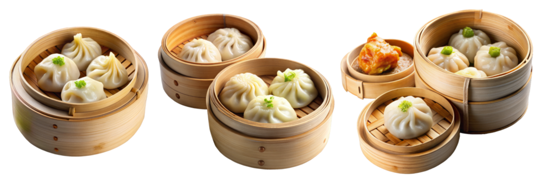 Steamed Dumplings in Bamboo Baskets – Assorted Asian Dim Sum Collection on Transparent Background for Restaurant Menus, Food Delivery Apps, and Culinary Marketing