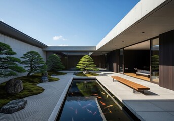 Fototapeta premium Modern Zen Garden With Koi Pond and Minimalist Architecture