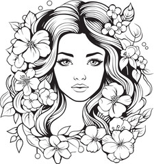 Black Vector Icon of Woman Face with Flower Embellishments Woman Face with Stylized Floral Decor Vector Logo