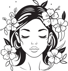Floral Accented Woman Face Vector Black Logo Design Woman Face with Flower Crown Vector Black Icon