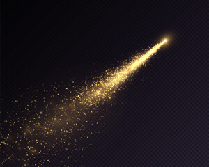 Golden sparkling trail with particles and bright glow on a dark background. Spectacular light trail for New Year's decor, magic scenes, fireworks, greeting designs and holiday effects. © MAKSYM