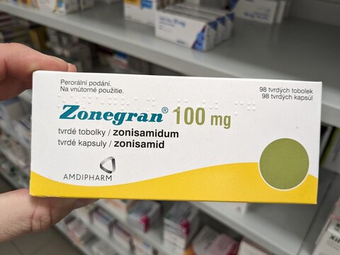 Prague,Czech Republic-May 6 2025: Zonegran capsules with zonisamide produced by Amdipharm for epilepsy treatment