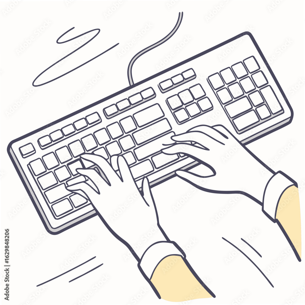 Poster hands typing on a computer keyboard with a cable on a white background technology
