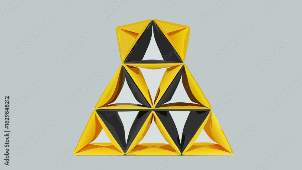 Poster a pyramid structure composed of yellow and black triangular shapes arranged in a stacked formation