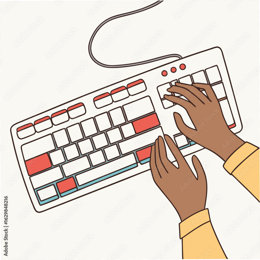 Poster hands typing on a white computer keyboard with red and blue accented keys on a transparent backgroun