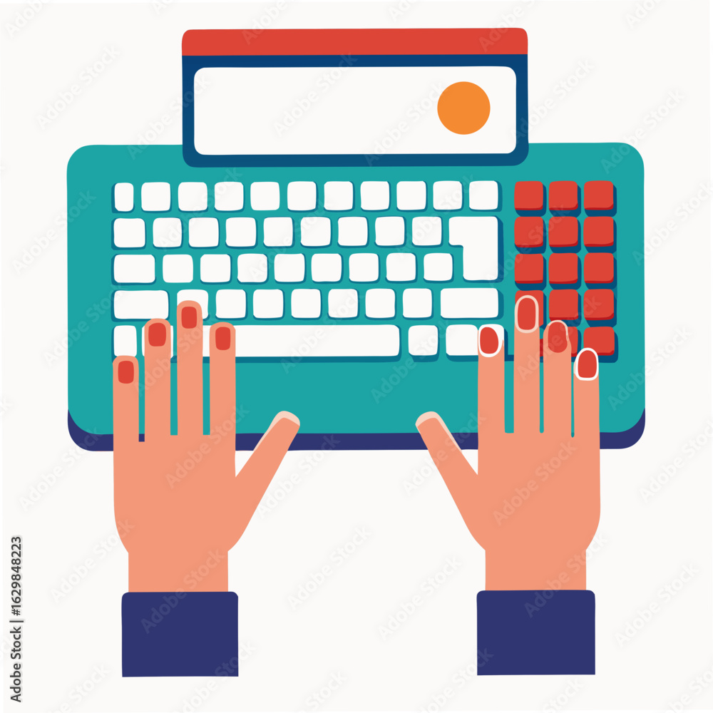Poster hands typing on a teal keyboard with red numeric keypad and orange circle on white background comput