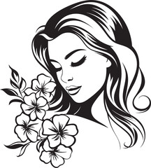 Woman Face with Flower Border Vector Black Logo Vector Black Icon of Woman Face with Floral Elements