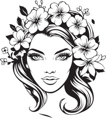 Black Vector Icon of Woman Face with Floral Styling Woman Face with Stylized Flower Decor Vector Black Logo