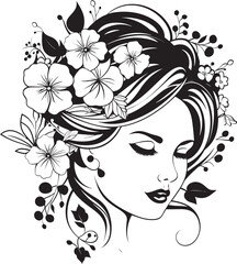 Woman Face with Stylized Flower Decor Vector Black Logo Vector Logo of Woman Face with Flower Embroidery